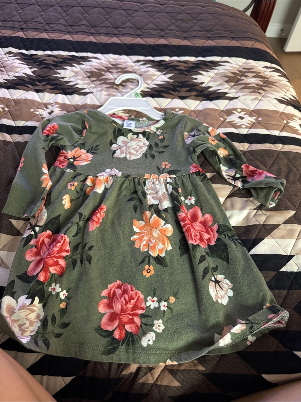 Girls' Olive Floral Long Sleeve Dress